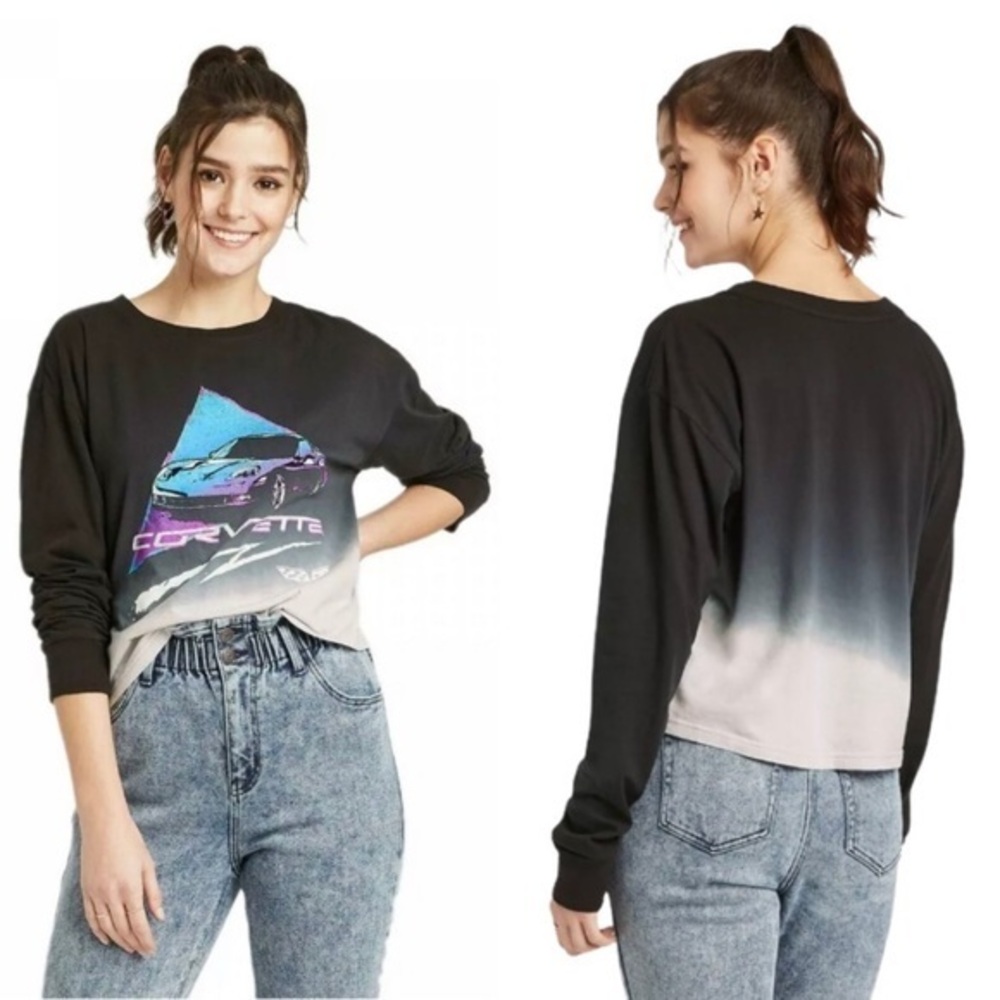 NWOT Black Ombre Chevy Corvette TShirt Top Tee New Long Sleeve Hot Rod Cars